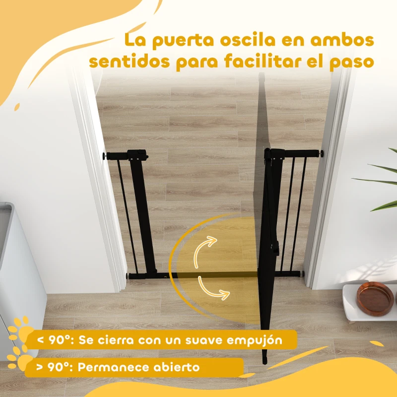 PawHut Puerta para Perros con Ancho Ajustable 76-104 cm Barrera de Seguridad con 2 Extensiones y Doble Bloqueo Negro