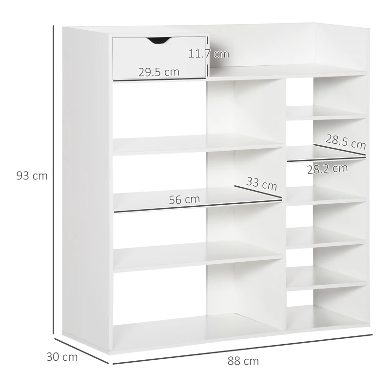 HOMCOM Mobile Scarpiera Salvaspazio con Ripiani e Cassetto per 12 Scarpe, 88x30x93cm, Bianco