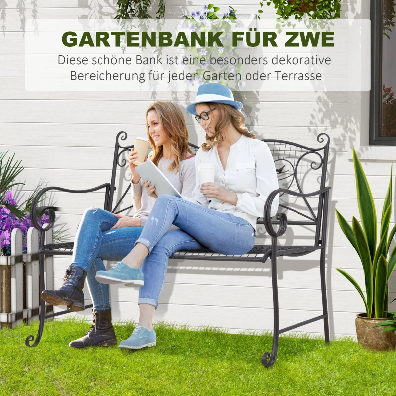 Outsunny Gartenbank 2-Sitzer Parkbank Sitzbank mit Rückenlehne bis 220 kg Gartenmöbel wetterfest Antik Metall Kaffee 114 x 53,5 x 91 cm