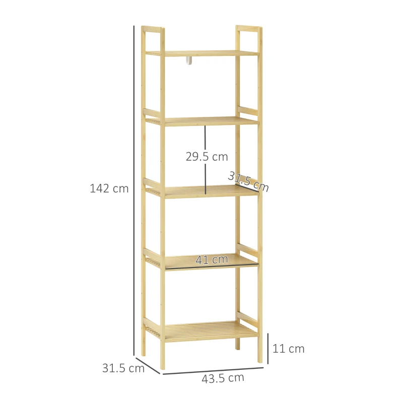 HOMCOM Scaffale Bagno a 5 Ripiani Regolabili in Altezza in Bambù, 43.5x31.5x142 cm, Legno Naturale
