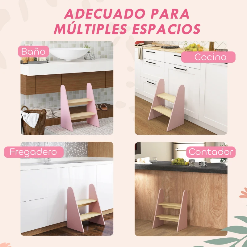 AIYAPLAY Taburete para Niños de 2 Peldaños Torre de Aprendizaje para Niños de +3 Años para Baño Cocina Librería Dormitorio Rosa