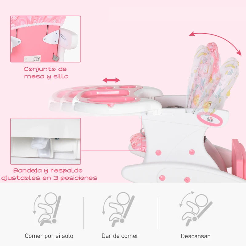 HOMCOM Trona para Bebés 2 en 1 para 6 Meses a 6 Años Transformable en Mesa y Silla Multifuncional Ajustable en 3 Posiciones Respaldo Alto Acolchado con 2 Bandejas Extraíbles 57x59x105 cm Rosa