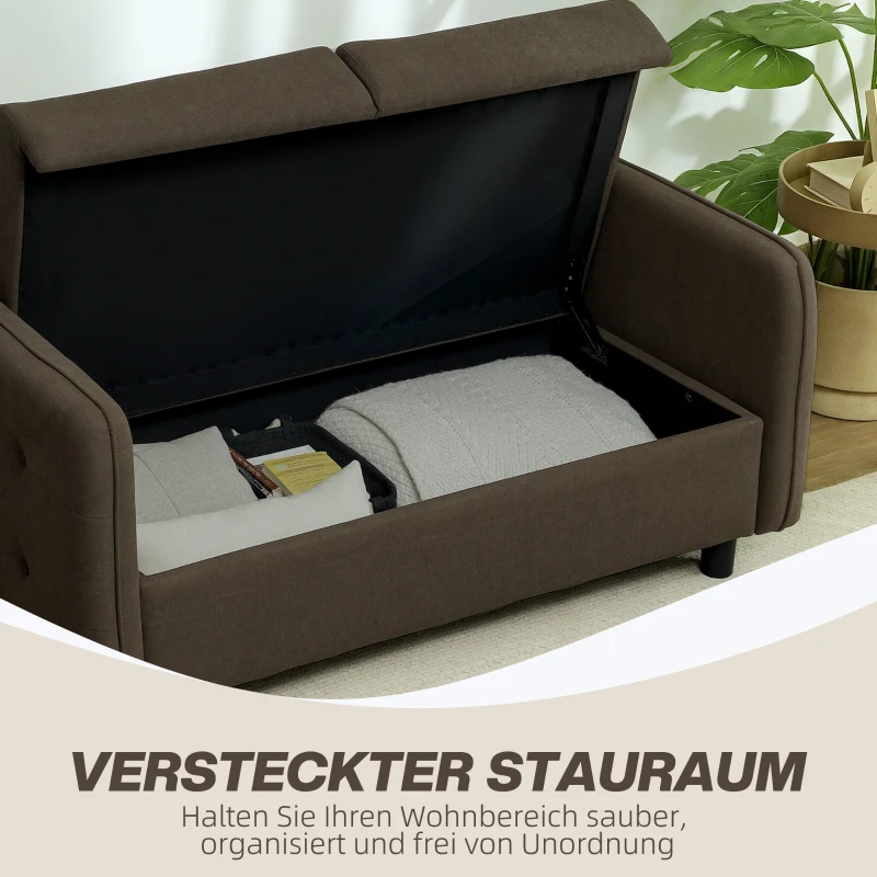 HOMCOM Zweisitzer-Sofa mit Stauraum, Polstersofa in Samtoptik mit Rückenkissen für Wohnzimmer, Schlafzimmer, Büro, Braun