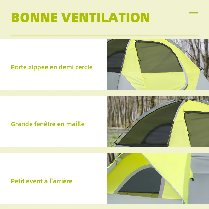 Outsunny Tente de camping 3 personnes tente dôme étanche légère ventilée portes zippées poche de rangement sac de transport inclus fibre verre polyester tissu Oxford 210L x 210l x 119H cm vert et gris