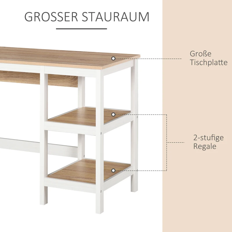 HOMCOM Schreibtisch mit 2 Ebenen Regal, Computertisch, Bürotisch, MDF, Natur+Weiß, 110 x 48 x 76,2 cm