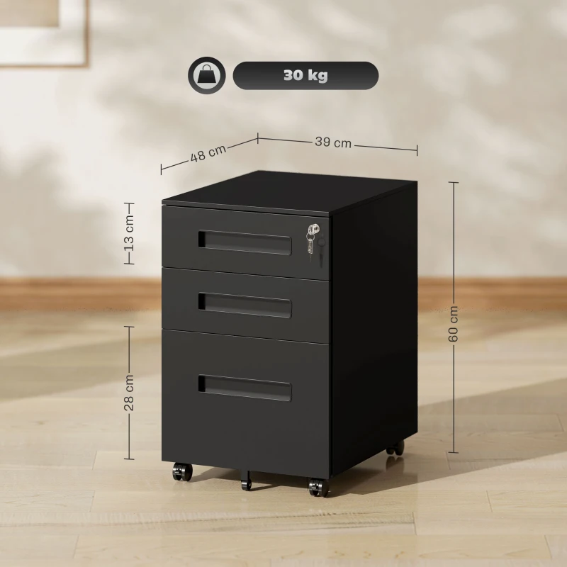 Vinsetto Three-Drawer Steel Filing Cabinet - Black