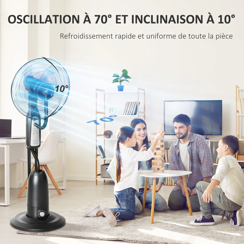 HOMCOM Ventilateur brumisateur roulettes 3 modes 3 vitesses, télécommande, minuterie, oscillation, tête inclinable, gris noir