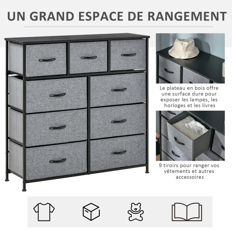 HOMCOM Commode 9 tiroirs meuble de rangement tiroir en tissu pliant - structure acier noir - 100 x 30 x 100 cm, noir et gris