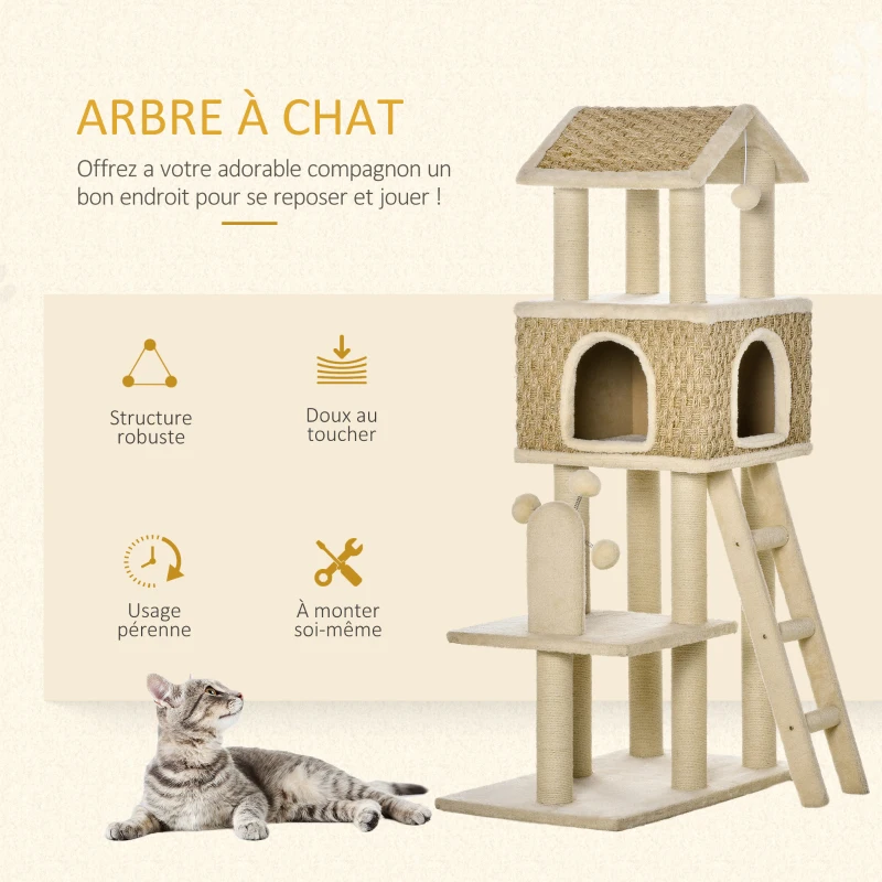 Pawhut Arbre à chats style cosy chic griffoirs sisal naturel niche plateformes échelle jeux boule suspendue moulin à vent peluche courte panneaux particules algues 69 x 40 x 131 cm crème kaki