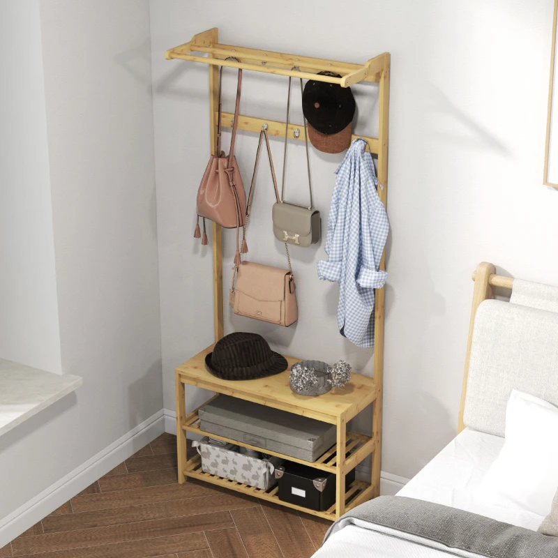 HOMCOM Mobile Appendiabiti 3 in 1 in Bambù con 10 Ganci, 2 Aste e Panca Scarpiera, 70x31x170 cm, Marrone