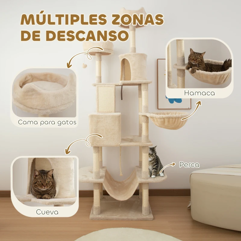 PawHut Árbol Rascador para Gatos Grande Altura 206 cm con Múltiples Niveles Cuevas Bolas Colgantes y Hamacas Beige