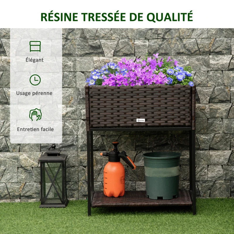 Outsunny Jardinière sur pieds avec étagère inférieure carré potager surélevé extérieur jardin tissu non-tissé inserts d'irrigation inclus résine tressée PE métal dim. 64L x 42l x 78,5H cm brun