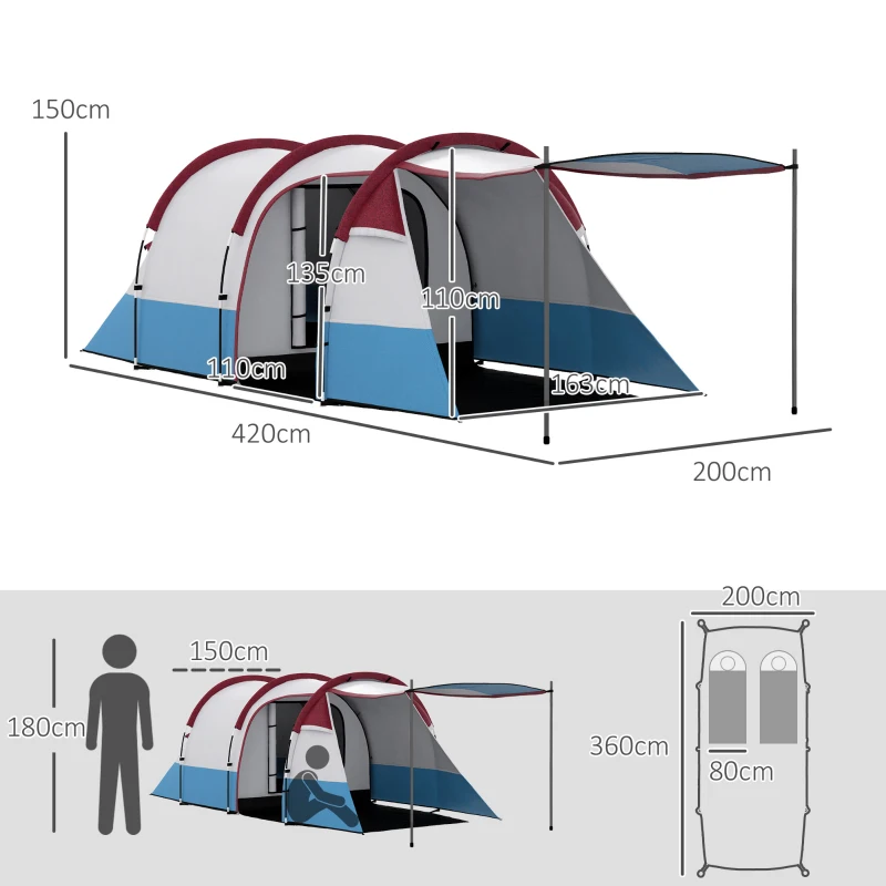 Outsunny Tenda da Campeggio Impermeabile con 2 Aree e 3 Ingressi, in Poliestere e Fibra di Vetro, 420x200x150 cm, Rosso