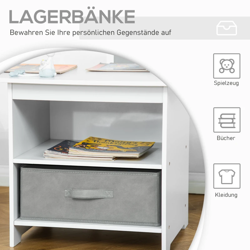 HOMCOM 3-tlg. Kindertischgruppe Kindertisch mit Stauraum Kindermöbel Set aus Holz mit 2 Aufbewahrungskörben Sitzgruppe für Kleinkind Mädchen Junge Vliesstoff Weiß+Grau 71 x 48 x 49 cm