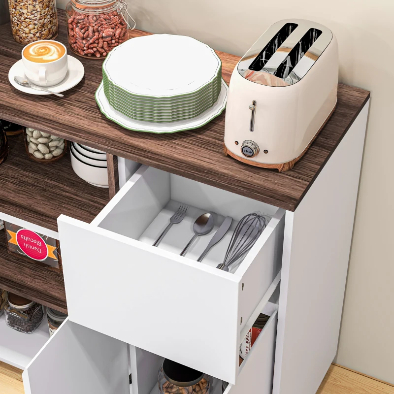 HOMCOM Credenza Moderna da Cucina in Legno con Armadietti, Cassetto e Vano Aperto, 105x39x83cm, Bianco