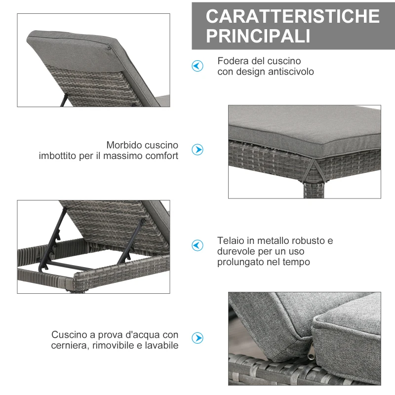 Outsunny Set 2 Sdraio da Giardino Cuscino Imbottito Regolabile su 6 Livelli in Rattan 196 x 65 x 22 cm, Grigio
