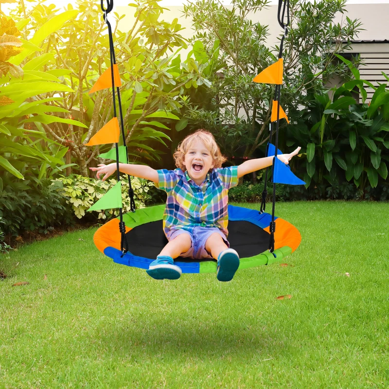 Outsunny Ø100 cm Nestschaukel Tellerschaukel Kinderschaukel Gartenschaukel bis 80 kg Outdoor belastbar für 3+ Jahre Metall Polyester Blau+Grün+Orange