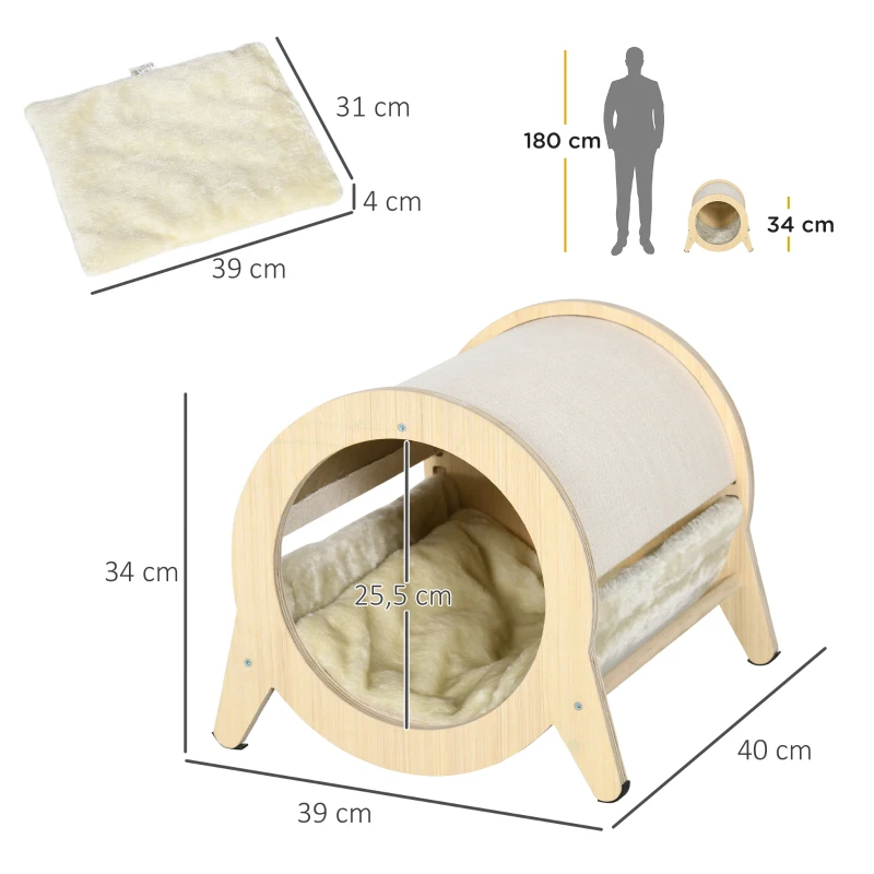 PawHut Maison niche pour chat forme tunnel sur pieds avec coussin douillet amovible - 39 x 40 x 34 cm