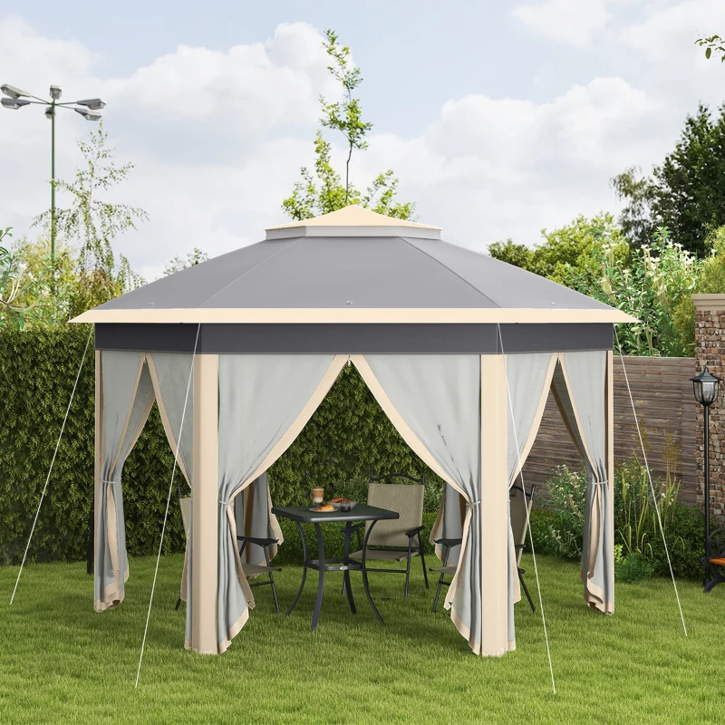 Outsunny Hexagon Pop Up Gazebo Outdoor Patio Gazebo Double Roof Instant Shelter with Netting, 3 x 4m, Khaki