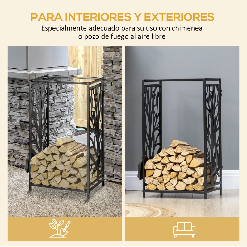 HOMCOM Estante para Leña Estantería de Almacenamiento para Chimenea 46x30x70 cm Soporte para Leña con 4 Herramientas Negro