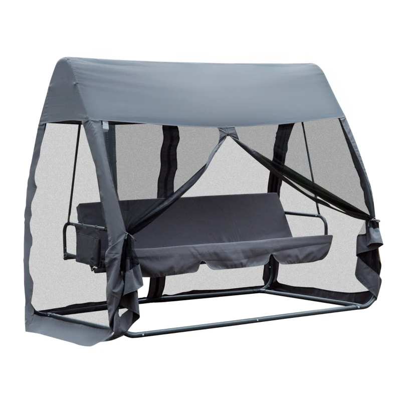 Outsunny 2-in-1 Hollywoodschaukel mit Moskitonetz und Dach 3-Sitze inkl. Seitentasche Grau