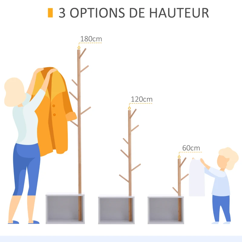 HOMCOM Meuble rangement porte-manteaux 2 en 1 design contemporain cosy dim. 40L x 30l x 180H cm MDF blanc bois massif bambou