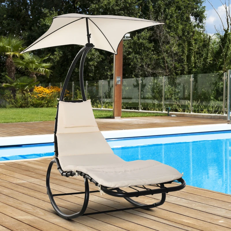 Outsunny Bain de Soleil transat à Bascule Design Contemporain avec Pare-Soleil, Matelas Grand Confort, tétière métal époxy Noir Polyester crème