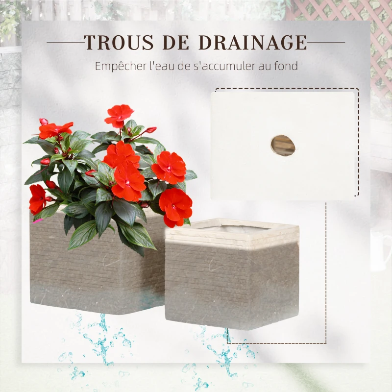 Outsunny Lot de 2 pots de fleurs empilables en oxyde de magnésium avec trou de drainage pour intérieure extérieur beige