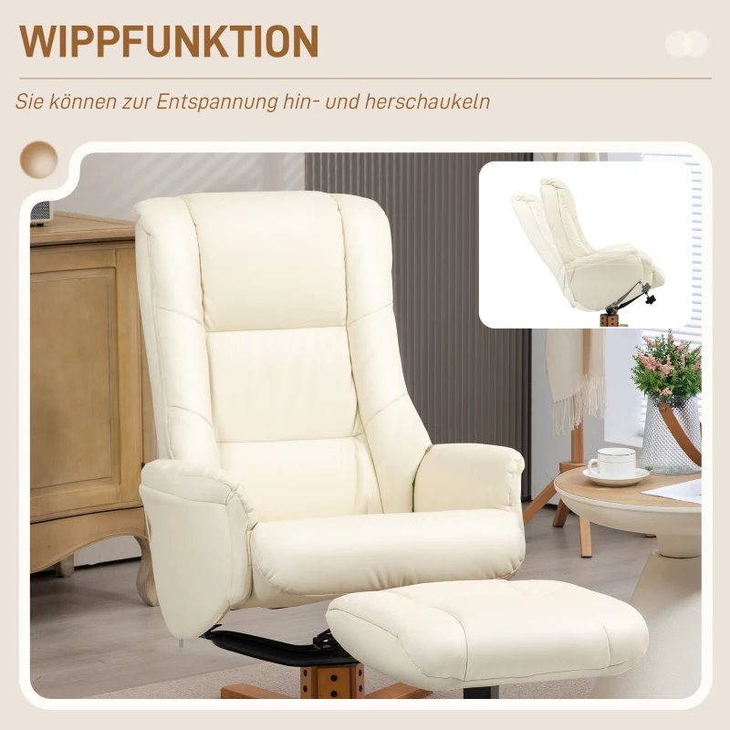 HOMCOM Relaxsessel mit Hocker, Liegefunktion, Kunstlederbezug, bis 150 kg, 71 x 84 x 102 cm, Cremeweiß(m-5)
