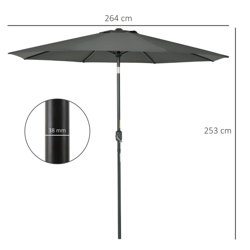 Outsunny Parasol de Jardín de Aluminio  Ø264x253 cm con Ángulo Ajustable Protección UV 50+ Manivela Gris
