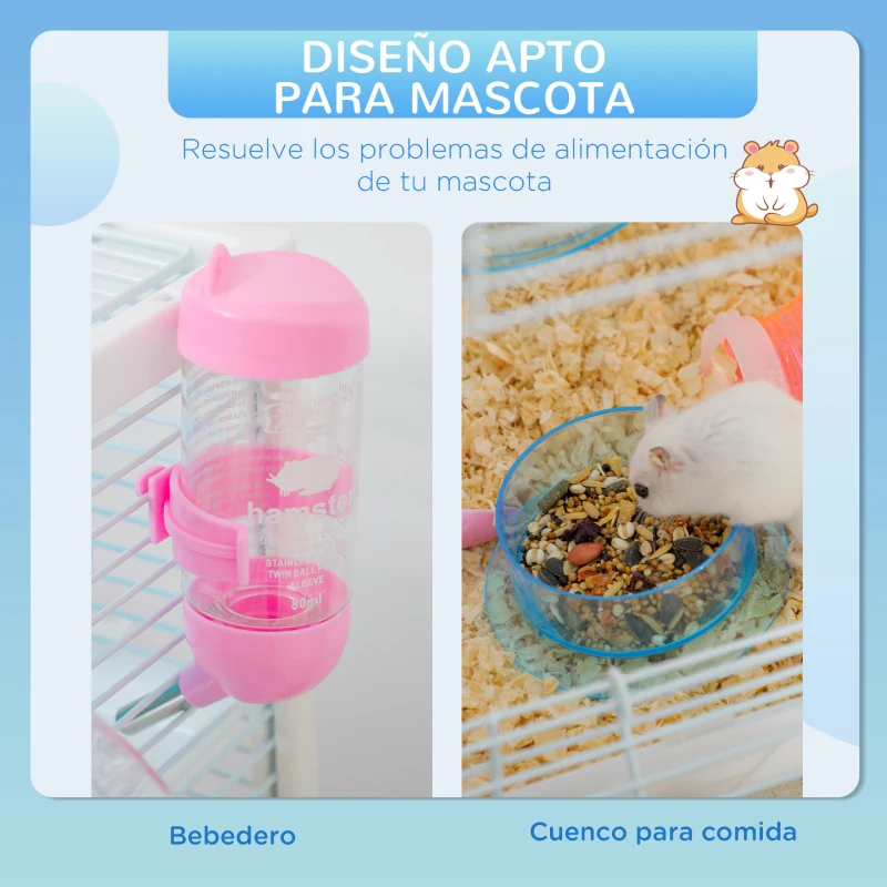 PawHut Jaula para Hámster con Tubos Jaula para Animales Pequeños con Bebedero Casita y Rueda de Ejercicio 47x29,5x53 cm Blanco