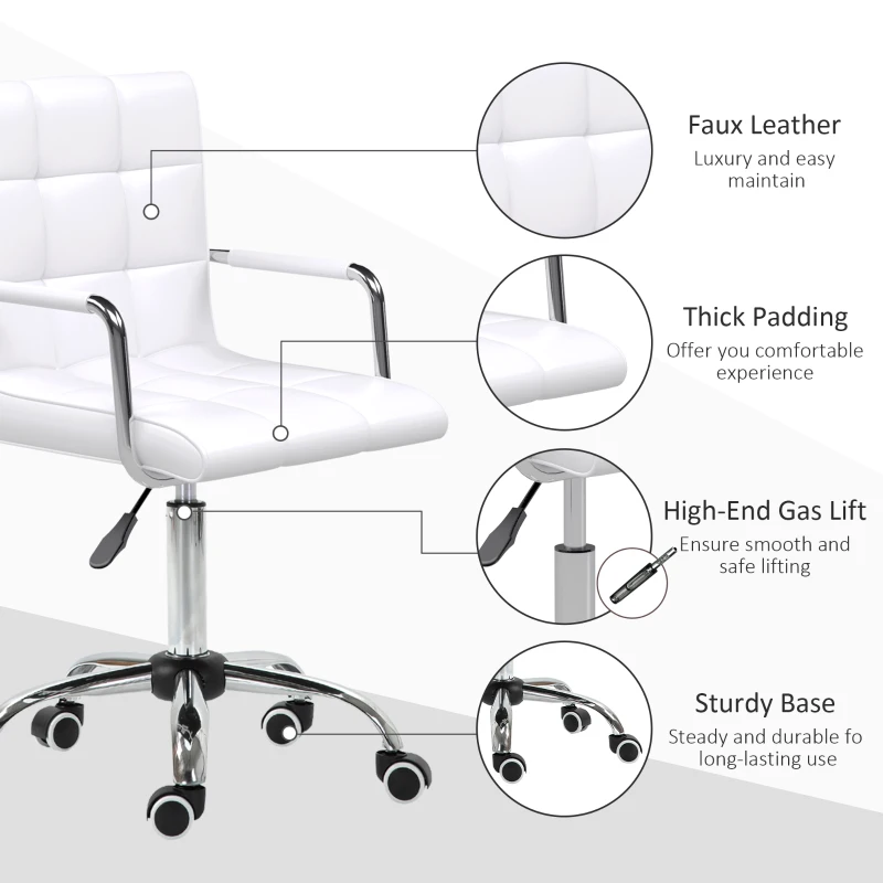 Vinsetto PU Leather Home Office Chair, Makeup Vanity Desk Chair with Mid Back, Armrest, Swivel Wheels, Adjustable Height, White