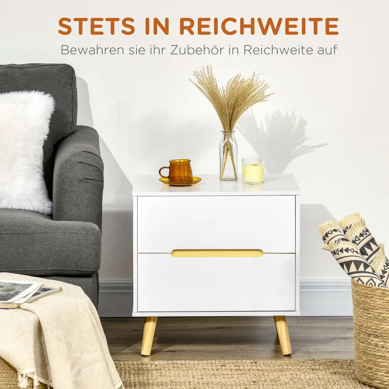 HOMCOM Nachttisch, Nachtschrank, Beistelltisch, zwei Schubladen, zeitloses Design, Kiefer, weiß, 50 x 40 x 50,5cm