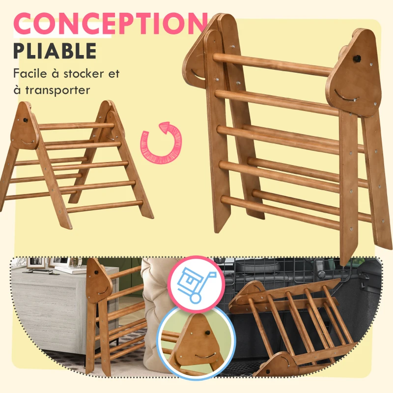 HOMCOM Triangle d'apprentissage à grimper pour enfants pliable en bois - 90 x 64 x 70 cm marron