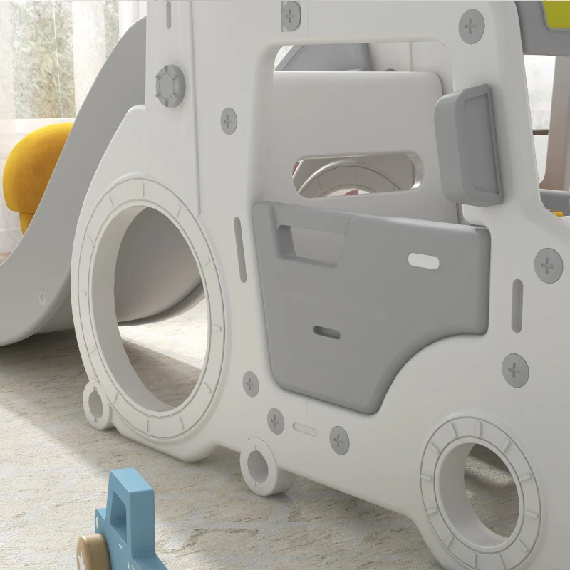 AIYAPLAY Portique enfant toboggan balançoire bus avec panier de basket-ball aire de jeux 4 en 1