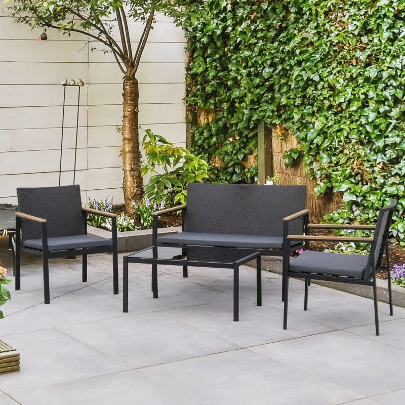 Outsunny Conjunto de Jardín de Ratán Sintético con Sofá Doble 2 Sillones y Mesita de Centro con Encimera de Cristal