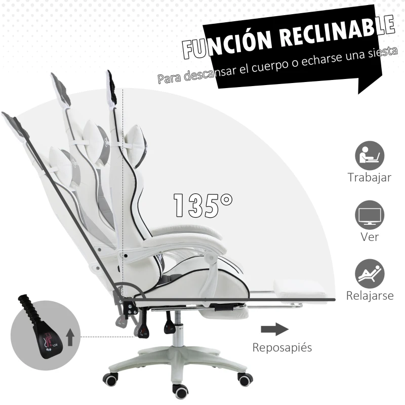 Vinsetto Silla Gaming Profesional de Cuero PU con Altura Ajustable Inclinable 135° Reposacabezas 65x63x136-142 cm Negro y Blanco