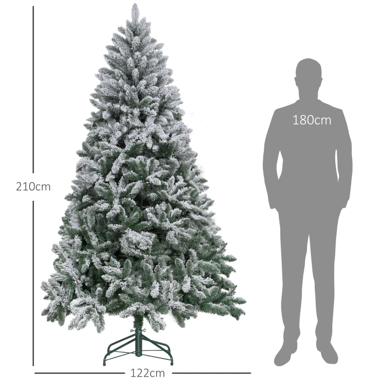 HOMCOM Árbol de Navidad Artificial Nevado 210 cm con 1021 Ramas y Soporte de Metal Árbol Navideño Nevado para Interior Verde