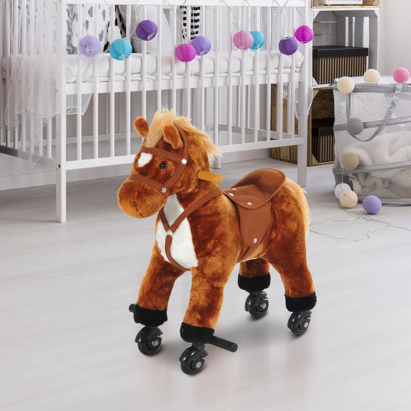 HOMCOM Rocking Horse Kids Ride on Walking Horse Animal Pony Wheeled Riding Plush Toy w/Sound for 2 Years and Up (Brown)