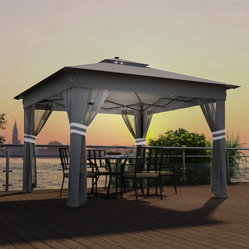 Outsunny 3.36 x 3.36m Pop Up Gazebo Party Tent with Solar-Powered LED Lights, Adjustable Event Shelter with Netting, Grey