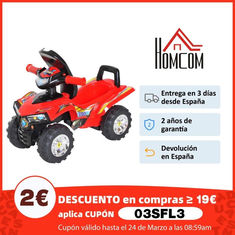 HOMCOM Quad Correpasillos Infantil Coche sin Pedales para Bebé Juguete Andador Estilo Carrera con Bocina Música Luces 60x38x42cm