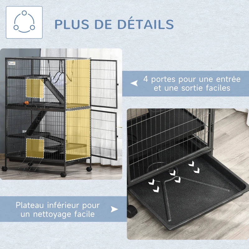 Pawhut Cage pour rongeurs Multifonction 4 Plateformes 3 rampes 4 Portes dim. 80L x 52l x 128H cm métal Gris argenté Noir