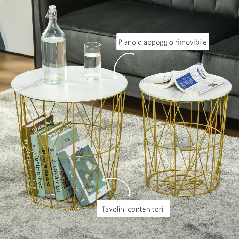 HOMCOM Set 2 Tavolini da Salotto Moderni Impilabili con Ripiano Rimovibile, Tavolino da Caffè con Contenitore per Soggiorno e Camera, Bianco Oro
