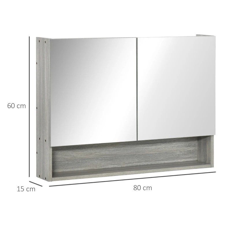 kleankin Spiegelschrank Badschrank mit zwei Türen und Ablage wasserfest Grau 80 x 15 x 60cm