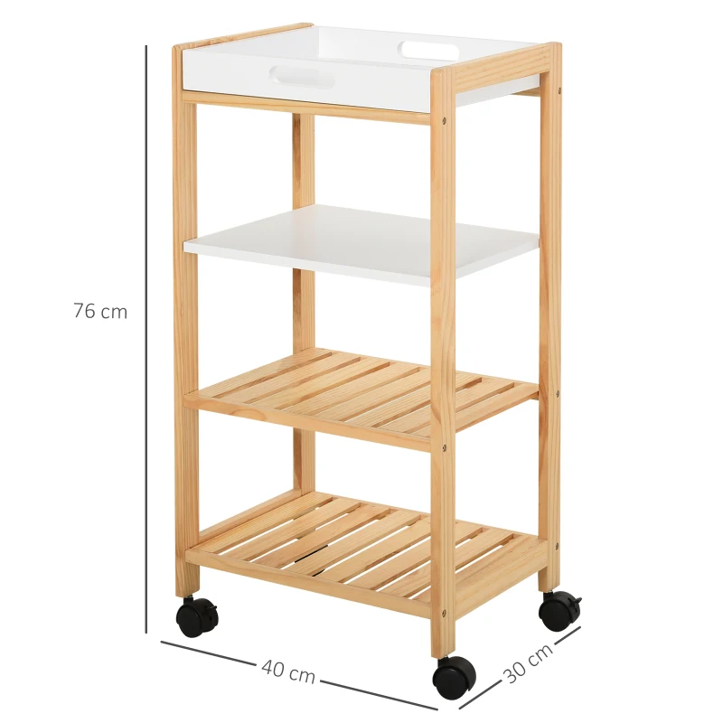 HOMCOM 4-Tier Moving Trolley Cart MDF Wood Blend w/ Tray Shelves 4 Universal Wheels Home Kitchen Office Storage Island Unit White Brown