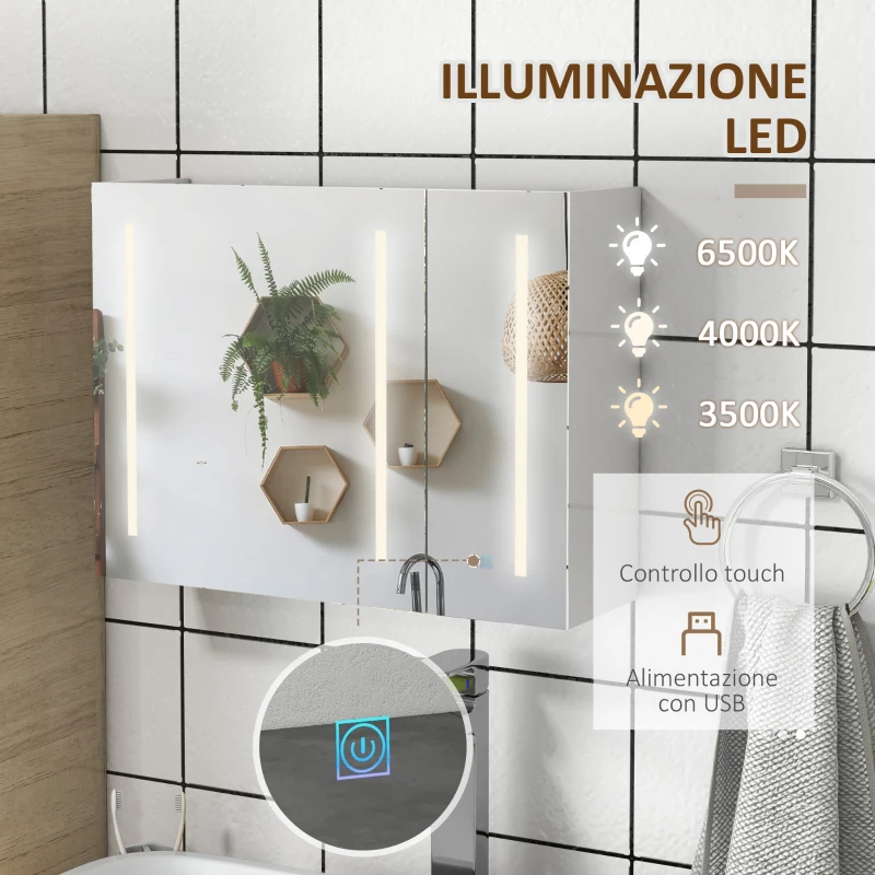 kleankin Armadietto con Specchio con Ripiani Regolabili e Luci LED a 3 Colori, in MDF e Vetro, 90x15x70 cm, Bianco