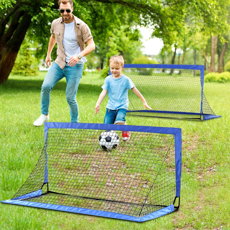 HOMCOM Set of 2 Football Goal Net 6 x 3 ft Foldable Outdoor Sport Training Teens Adults Football with Carrying Bag Blue