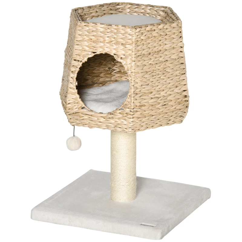 PawHut Árbol Rascador para Gatos Pequeño Altura 66 cm Torre Escalador de Gato con Cueva de Juncos Cama Superior Cojines Poste Rascador de Sisal y Bola Colgante Crema y Natural