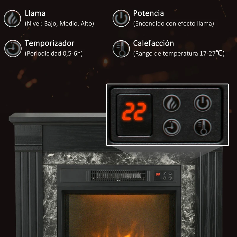 HOMCOM Chimenea Eléctrica 1800W Chimenea Decorativa con Efecto de Llama Mando a Distancia Temporizador 80x21,6x67,8cm Negro