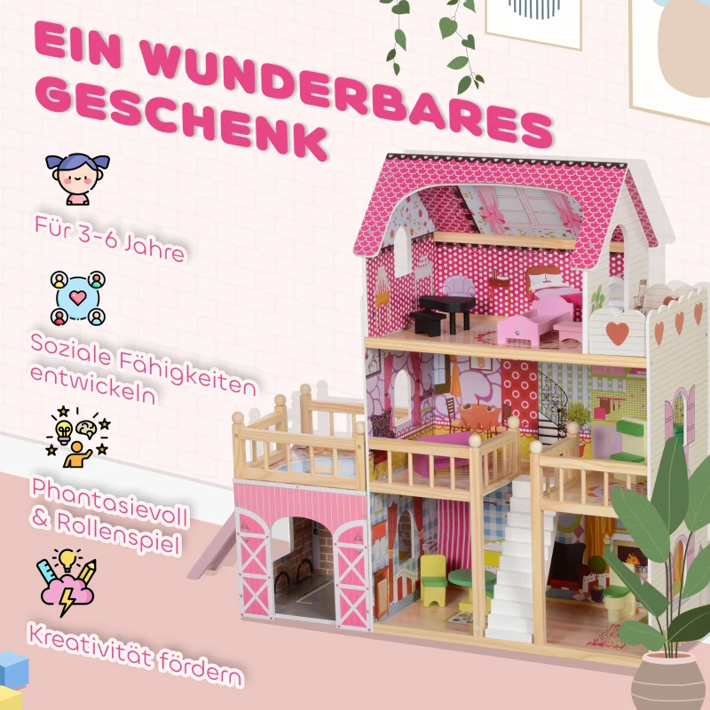 AIYAPLAY Puppenhaus, 3 Etagen, 13 Möbelstücke, Garage, Rutschen & Balkon, 114 x 32 x 92 cm, Rosa(m-7)
